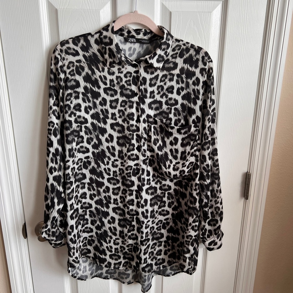 Zara Leopard Print Button Down Long Sleeve‎ Shirt Tunic Top, Size M
